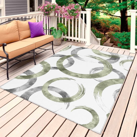 Sage Green Grey Outdoor Rug for Patio/Deck/Porch, Non-Slip Large Area Rug 5 x 7 Ft, Geometric Circle Modern Abstract Simple Art Indoor Outdoor Rugs Washable Area Rugs, Camping Rug Carpet Runner