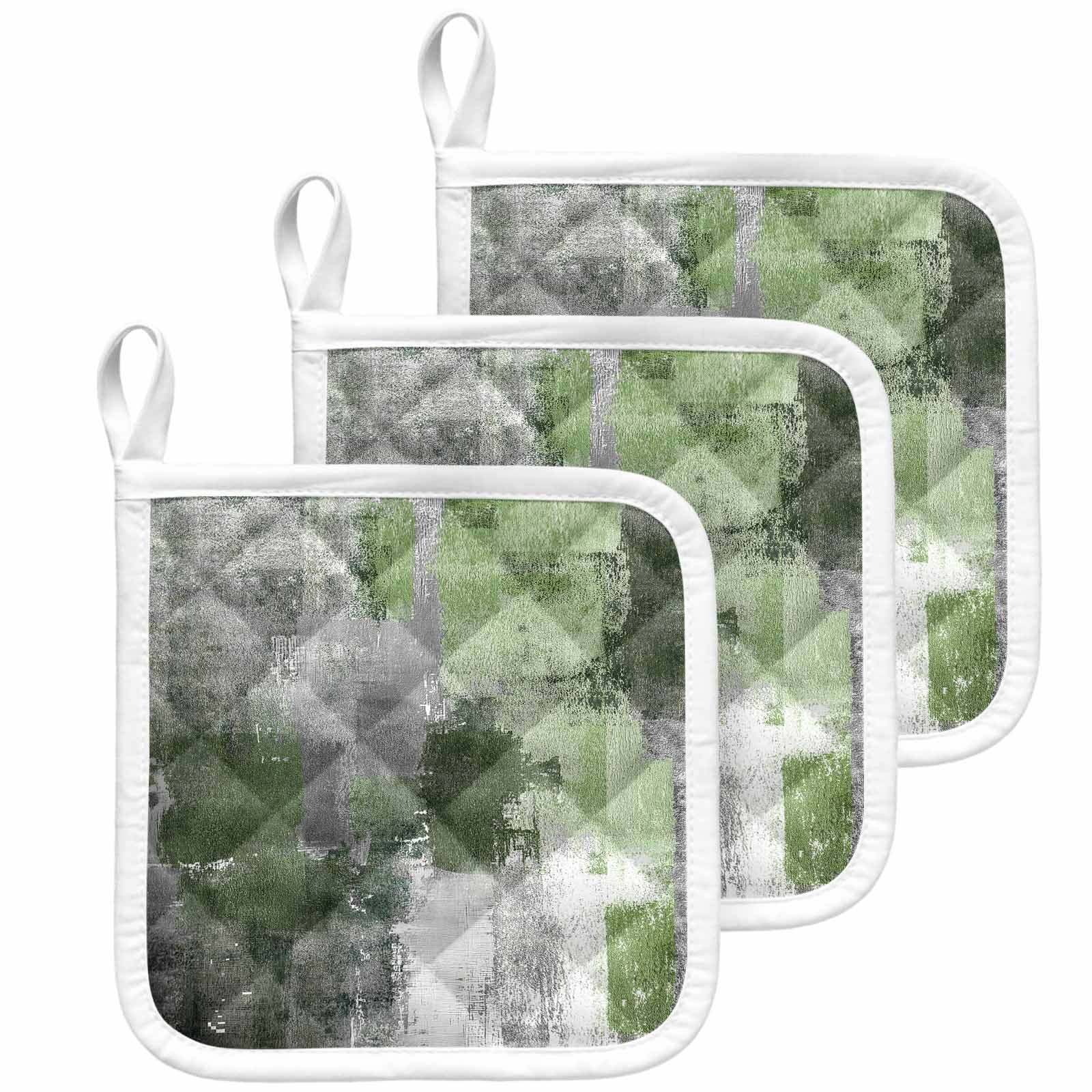Sage Green Grey Pot Holders for Kitchen Heatproof Potholder, 3 Pack Modern Oil Painted Abstract Art Aesthetics Hot Pads Multipurpose Oven Pads Cloth Potholders Trivet for Cooking Baking