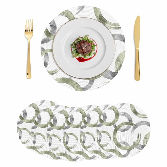 Sage Green Grey Round 13 Inch Placemats Set of 6, Geometric Circle Modern Abstract Simple Art HeatResistant Non Slip Place Mats for Dining Table, Wipeable Braided Kitchen Table Mats for Housewarming