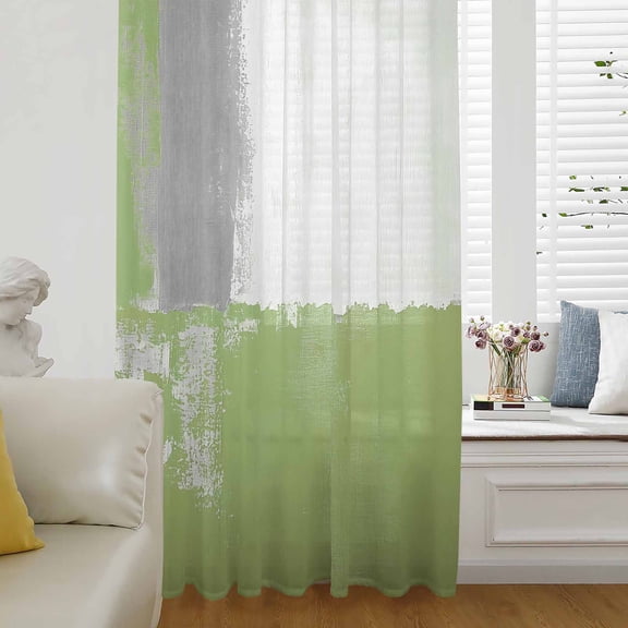 Sage Green Grey Semi Sheer Curtains Drapes for Living Room, Bedroom, French Doors Window 72 Inches Long, Oil Painted Abstract Geometric Modern Rod Pocket Chiffon Curtain Drapery Voile Drape Panel