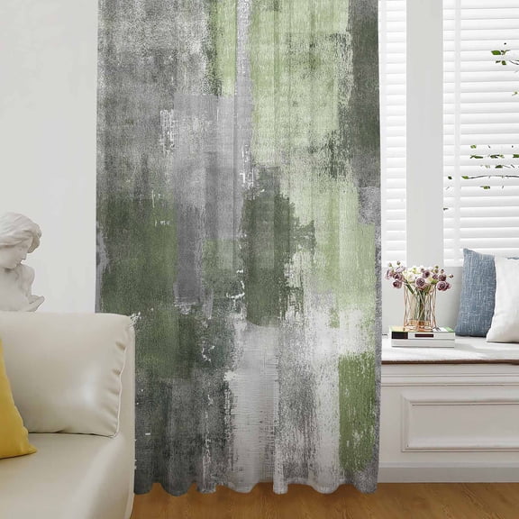Sage Green Grey Semi Sheer Curtains Drapes for Living Room,Bedroom,French Doors Window 84 Inches Long,Modern Oil Painted Abstract Art Aesthetics Rod Pocket Chiffon Curtain Drapery Voile Drape Panel