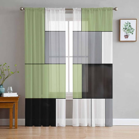 Sage Green Grey Sheer Curtains 72 Inches Long 2 Panels Set, Window Sheer Curtains for Living Room/Bedroom, Modern Green Geometric Light Filtering Rod Pocket Curtain 52'' x 72'' x 2