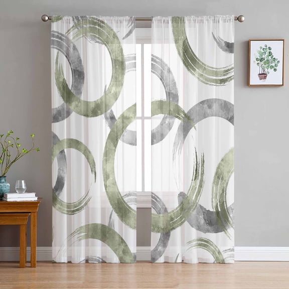 Sage Green Grey Sheer Curtains 96 Inches Long 2 Panels Set, Window Sheer Curtains for Living Room/Bedroom, Geometric Circle Modern Abstract Simple Art Light Filtering Rod Pocket Curtain 52''x96''x2