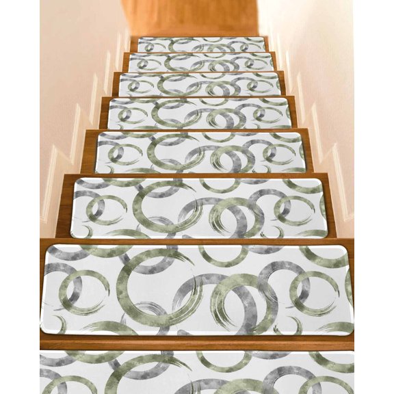 Sage Green Grey Stair Treads for Wooden Steps Indoor Runner Rug Carpet,Geometric Circle Modern Abstract Simple Art 4 Pieces Peel and Stick Staircase Step Treads Covers Washable Throw Door Mats,30"x8"