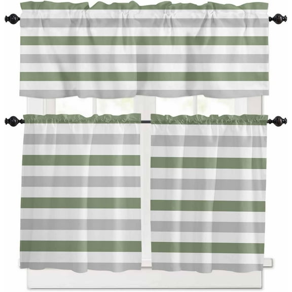 Sage Green Grey Stripe Kitchen Curtains, Farmhouse Watercolor Modern Geometric 3-Piece Kitchen Curtain Valance and Tiers Set 24 Inch Length, Rod Pocket Half Window Curtains for Cafe Living Room