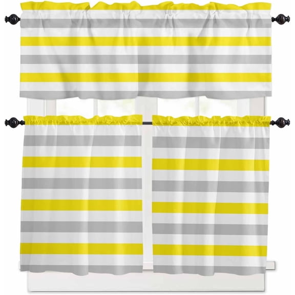 Sage Green Grey Stripe Kitchen Curtains, Farmhouse Watercolor Modern Geometric 3-Piece Kitchen Curtain Valance and Tiers Set 36 Inch Length, Rod Pocket Half Window Curtains for Cafe Living Room