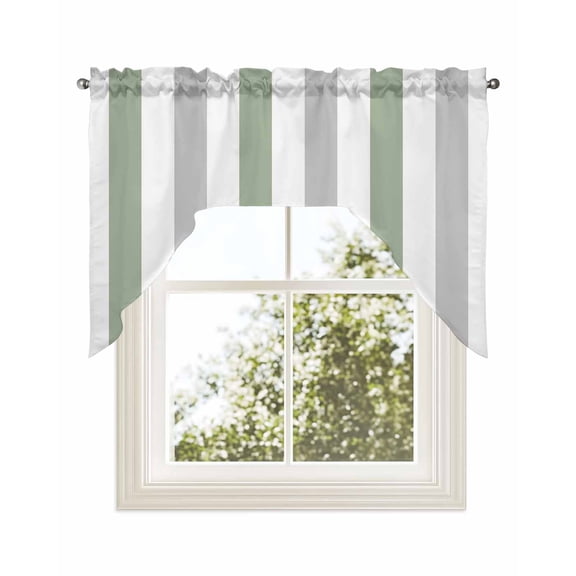 Sage Green Grey Stripe Kitchen Curtains Swag Valance for Windows/Bathroom/Cafe, Modern Farmhouse Vertical Striped Rod Pocket Drape Panel Swag Curtains Valance for Bedroom/Living Room 56"x36"