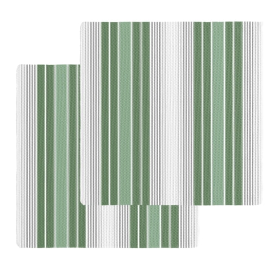 Sage Green Grey Stripe Kitchen Dish Towels for Drying Dishes Set of 2, Farmhouse Simple Striped Waffle Weave Microfiber Hand Tea Bathroom Towels Quick Dry & Absorbent Towel 12x12
