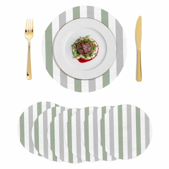 Sage Green Grey Stripe Round 13 Inch Placemats Set of 6, Modern Farmhouse Vertical Striped HeatResistant Non Slip Place Mats for Dining Table, Wipeable Braided Kitchen Table Mats for Housewarming