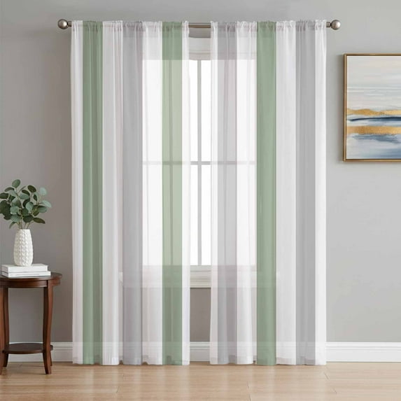 Sage Green Grey Stripe Semi Sheer Curtains 72 Inch Length 2 Panels Set, Modern Farmhouse Vertical Striped Sheer Kitchen Curtain Privacy Voile Window Curtain for Living Room Bedroom Rod Pocket Drapes