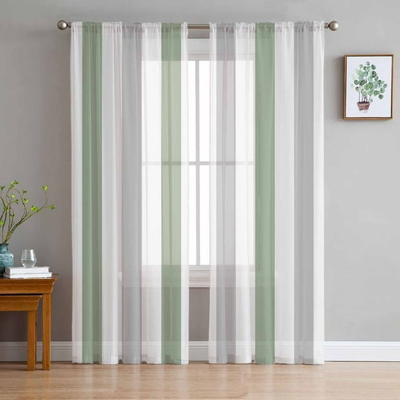 Sage Green Grey Stripe Sheer Curtains 84 Inch Length 2 Panels Set for Living Room/Bedroom, Modern Farmhouse Vertical Striped Curtain Sheers Drapes Rod Pocket Curtains Window Treatment Set 52''x84''x2