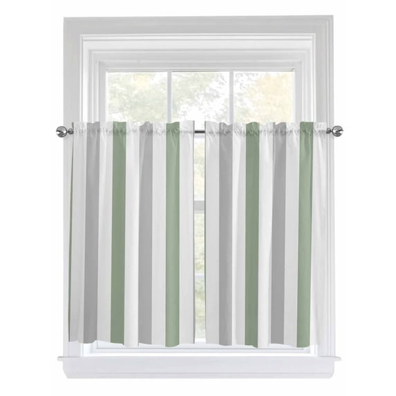 Sage Green Grey Stripe Tier Curtains 45 Inches Long, Modern Farmhouse Vertical Striped Window Treatment Curtain Drapes, Window Half Privacy Curtains for Bedroom Bathroom, 42"x45", 2 Panels
