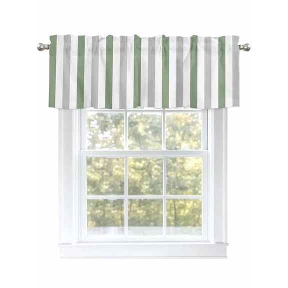 Sage Green Grey Striped Curtain Valances for Windows, Geometric Vertical Stripes Kitchen Valance Window Treatment, Light Filtering Block Curtains for Bathroom/Bedroom/Living Room 54'' x 18''