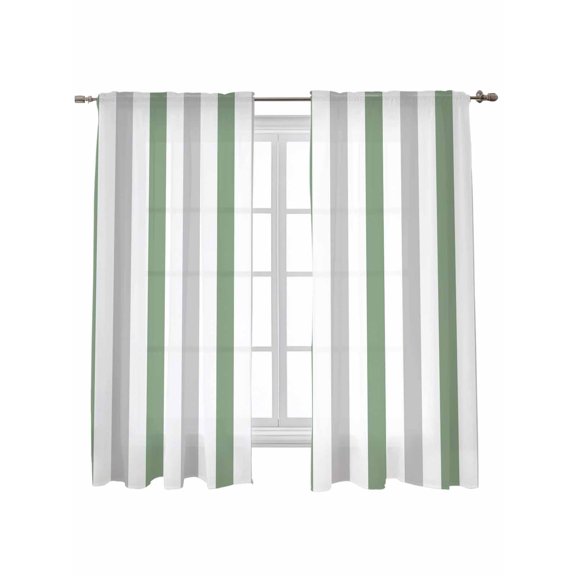 Sage Green Grey Striped Curtains 72 Inch Length, Sheer Curtains for Bedroom Living Room Window Minimalist Farmhouse Stripe Rod Pocket Voile Drapes Kitchen Curtains Small Half Window 52"x72" 2 Panels
