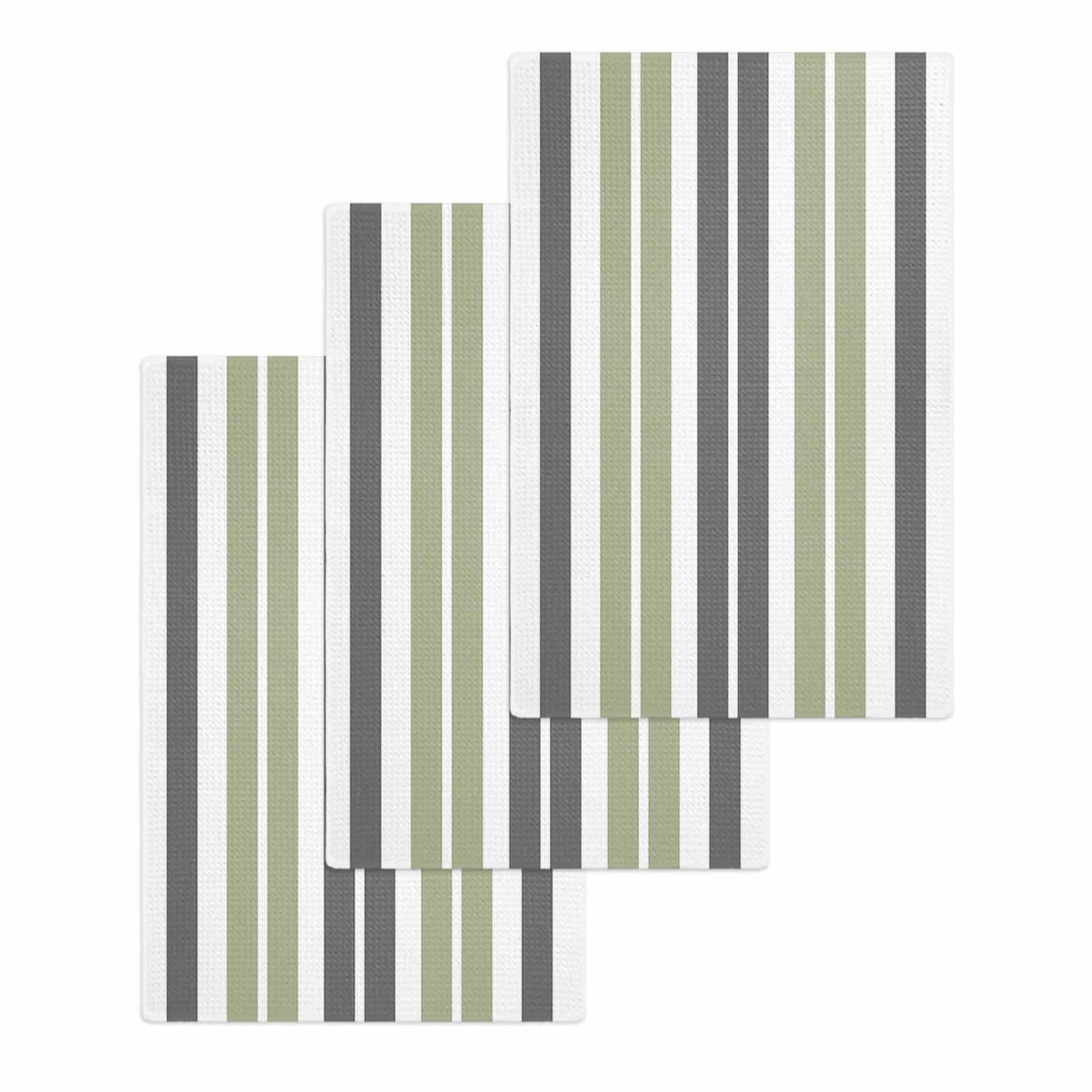 Sage Green Grey Striped Hand Towels Set, Waffle Weave Kitchen Towels 3 Pieces, Gray Modern Abstract Art Microfiber Hair Face Bath Tea Towel Absorbent Quick Drying Cleaning Dish Cloths 15.7"x23.6"
