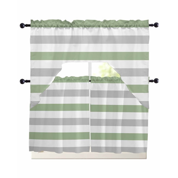 Sage Green Grey Striped Kitchen Curtain Set Swag Valance and Tier Curtains 24 Inch Length, Farmhouse Sage Green Stripes Curtain Valance for Windows, Light Filter Curtains Drapes for Bedroom Bathroom