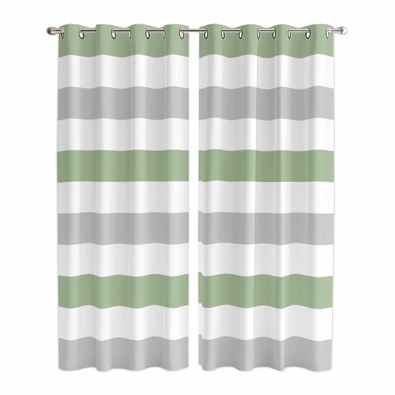 Sage Green Grey Striped Kitchen Curtains 96 Inch Length, Farmhouse Sage Green Stripes Grommet Top Bedroom Living Room Curtains, Light Filtering Cafe Curtain Drapes 2 Panels Set 104''x96''