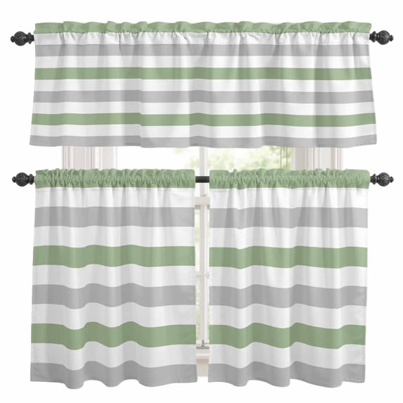 Sage Green Grey Striped Kitchen Curtains Sets for Windows 24 Inch Length, Farmhouse Sage Green Stripes Rod Pocket Window Treatments Tier Curtains and Valances Set for Bedroom/Bathroom
