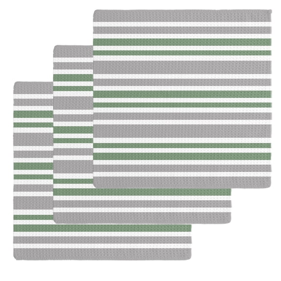 Sage Green Grey Striped Kitchen Dish Towels for Drying Dishes Set of 3, Horizontal Lines Simple Minimalist Waffle Weave Microfiber Hand Tea Bathroom Towels Quick Dry & Absorbent Towel 12x12