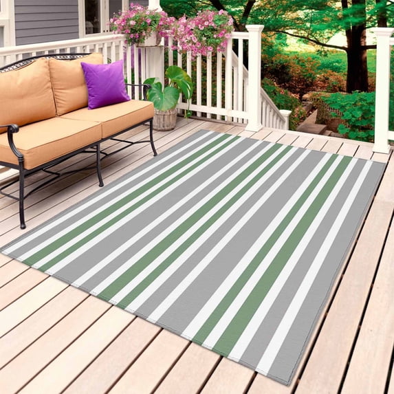 Sage Green Grey Striped Outdoor Rug for Patio/Deck/Porch, Non-Slip Large Area Rug 5 x 7 Ft, Horizontal Lines Simple Minimalist Indoor Outdoor Rugs Washable Area Rugs, Camping Rug Carpet Runner