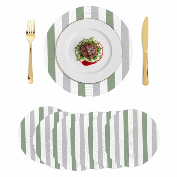 Sage Green Grey Striped Round 15 Inch Placemats Set of 6, Minimalist Farmhouse Stripe HeatResistant Non Slip Place Mats for Dining Table, Wipeable Braided Kitchen Table Mats for Housewarming