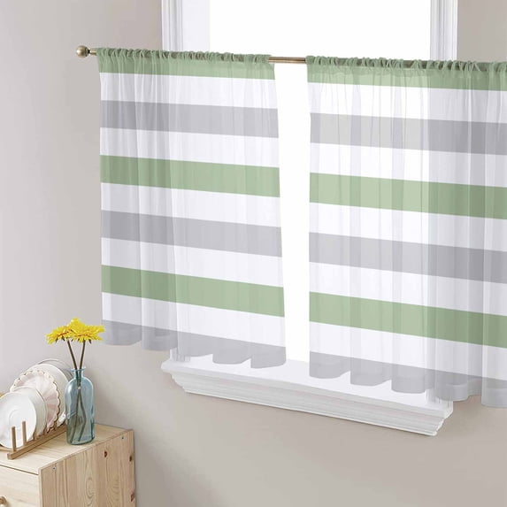 Sage Green Grey Striped Sheer Curtains 54 Inches Length 2 Panels Set, Window Sheer Curtains for Living Room/Bedroom, Farmhouse Sage Green Stripes Light Filtering Rod Pocket Curtain 52'' x 54'' x 2