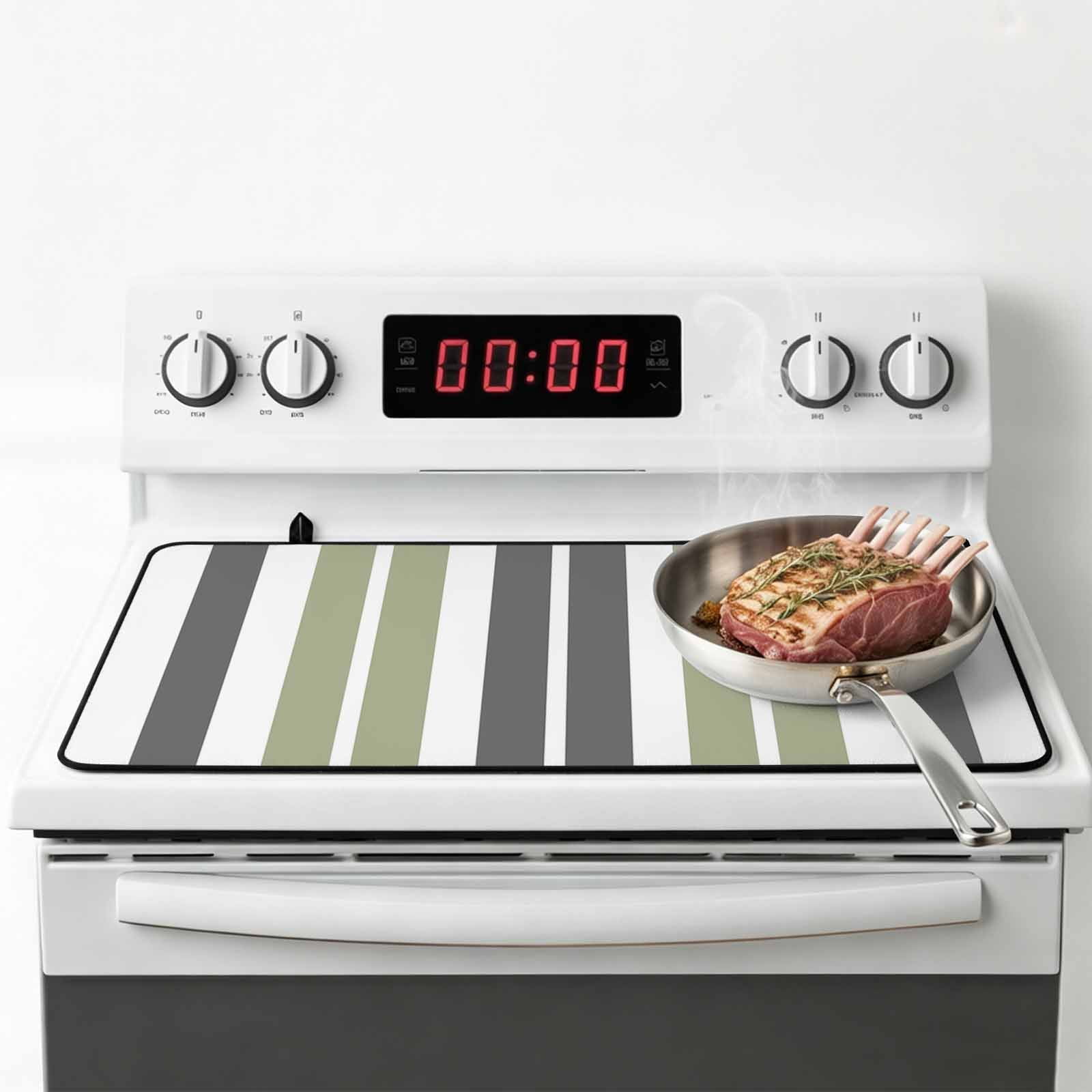 Sage Green Grey Striped Stove Top Cover for Electric Stove, Heat-proof & Non Slip Glass Top Stove Cover Protector, Gray Modern Abstract Art Kitchen Flat Cooktop Rubber Mat 24x21 Inches
