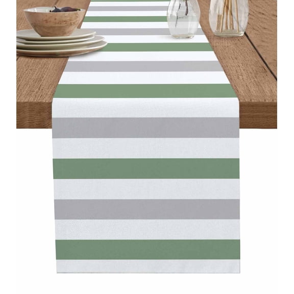 Sage Green Grey Striped Table Runner Cotton Linen 48 Inch Holiday Dresser Scarves, Geometric Vertical Stripes Tablerunner for Kitchen Coffee Dining Bedroom Living Room Dinner Scarf Décor 13''x48''