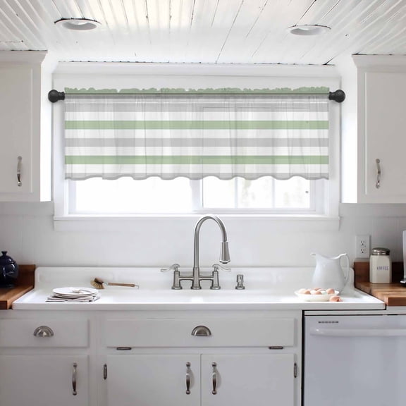Sage Green Grey Striped Valance Curtains for Kitchen/Living Room/Bathroom/Bedroom Window, Farmhouse Sage Green Stripes Rod Pocket Small Topper Half Short Window Curtains Voile Sheer Scarf 54"x18"