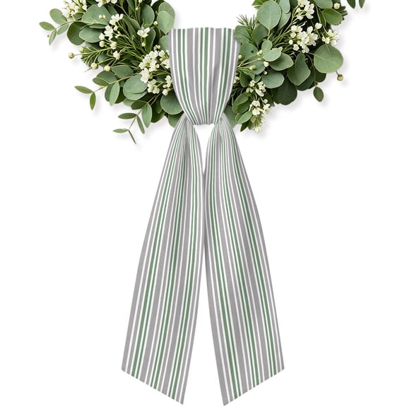 Sage Green Grey Striped Wreath Sash for Front Door, Horizontal Lines Simple Minimalist Wreath Bow Holiday Garland Ribbon Wreath Accessories for Yard Porch Doorway Fall Christmas Decorations Gifts