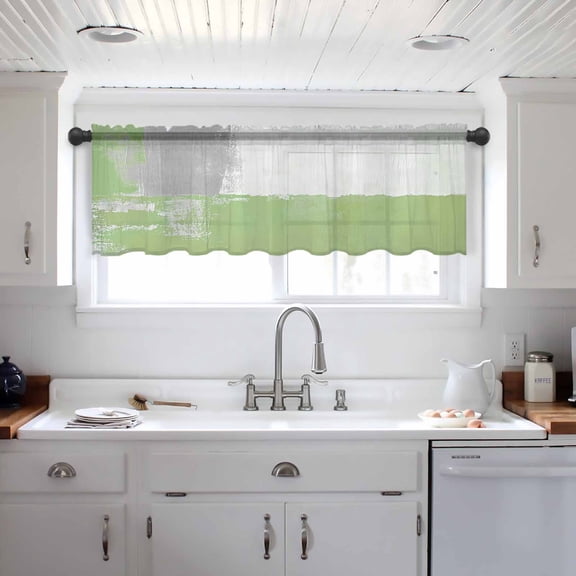 Sage Green Grey Valance Curtains for Kitchen/Living Room/Bathroom/Bedroom Window, Oil Painted Abstract Geometric Modern Rod Pocket Small Topper Half Short Window Curtains Voile Sheer Scarf 54"x18"