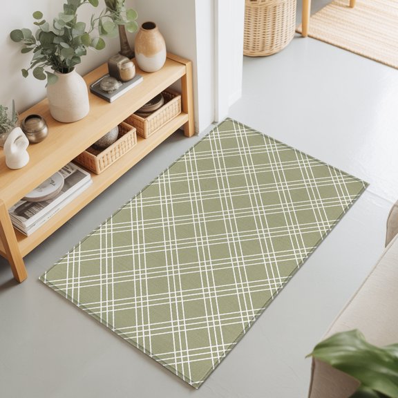 Sage Green Grid 2'x3' Rug for Entryway Front Door Kitchen Sink Area, Modern Minimalist Classic White Lines Checkered Low Pile Washable Non Slip Rectangle Area Rug