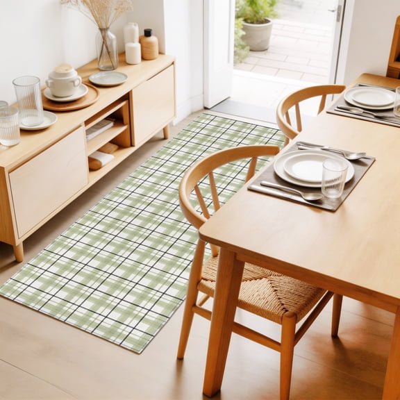 Sage Green Grid Gingham 2'x6' Runner Rug for Hallway Walkway Kitchen Galley, Abstract Modern Minimalist Stripe Checked Low Pile Washable Non Slip Long Area Rug