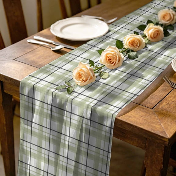 Sage Green Grid Gingham 4.5 ft Cheesecloth Table Runner for Wedding 19"x55", Abstract Modern Minimalist Stripe Checked Kitchen Dinner Sheer Tulle Chiffon Dresser Scarf, Holiday Party Decorations