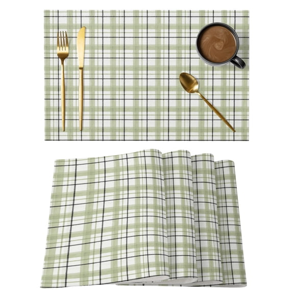 Sage Green Grid Gingham Cotton Linen Placemats Set of 2, Abstract Modern Minimalist Stripe Checked Washable Table Place Mats Heat Insulating Placemat for Dining Room Kitchen Daily Use 13 x 19 Inch