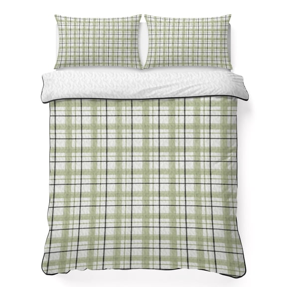 Sage Green Grid Gingham Queen Quilt Bedding Set, Abstract Modern Minimalist Stripe Checked Lightweight Comforter with 2 Pillow Shams Bedroom Bedspread Set Home Decor for All Seasons
