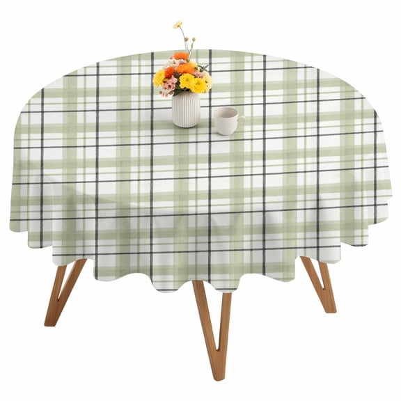 Sage Green Grid Gingham Round Tablecloth 54 inches Abstract Modern Minimalist Stripe Checked Waterproof Oil-Proof Table Cloth Round Table Cover for Holiday Party Picnic Dinner Decor Indoor Outdoor