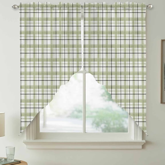 Sage Green Grid Gingham Swag Kitchen Curtain Valances, Abstract Modern Minimalist Stripe Checked Rod Pocket Curtains Window Treatment Decor Valances for Bedroom Bathroom, 2 Panels 36 x 36 Inch