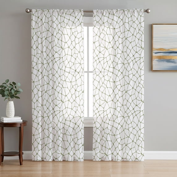 Sage Green Grid Sheer Curtains 84 Inches Long, Modern Abstract Boho Minimalist Art Light Filtering Window Curtains for Living Room, Rod Pocket Voile Sheer Curtain Drapes, 52"W x 84"L, 2 Panels