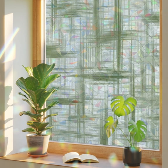 Sage Green Grid Window Privacy Film Rainbow Static Cling Stain Glass Window Film for Glass Door, Decorative Heat Control UV Blocking Sunroof Decal Sticker for Car 17.7"x39.3" Geometric Modern Green