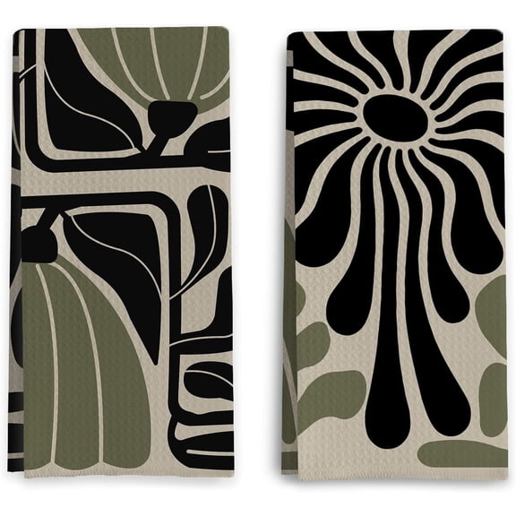 Sage Green Groovy 70s Retro Kitchen Towels Set of 2 - Boho Floral Dish Towels for Kitchen, Boho Hand Towels for Bathroom, Boho Sage Green Bathroom Kitchen Decor, 16x24 Inches