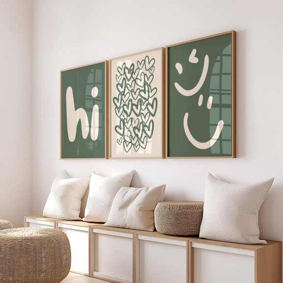 Sage Green Hello Wall Art Set Of 3, Smile Heart Prints
