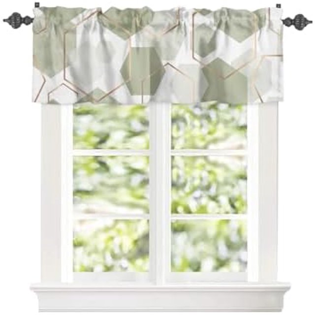 Sage Green Hexagonal White Window Valances for Kitchen Rod Pocket