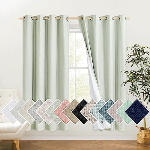 Sage Green High-End Thermal Flax Linen Curtains, 52" Wide Per Panel, Set of 2, Full Blackout Privacy Drapes 72 Inches Long for Dining Room, Soundproof Window Treatment Panels for Hall Room