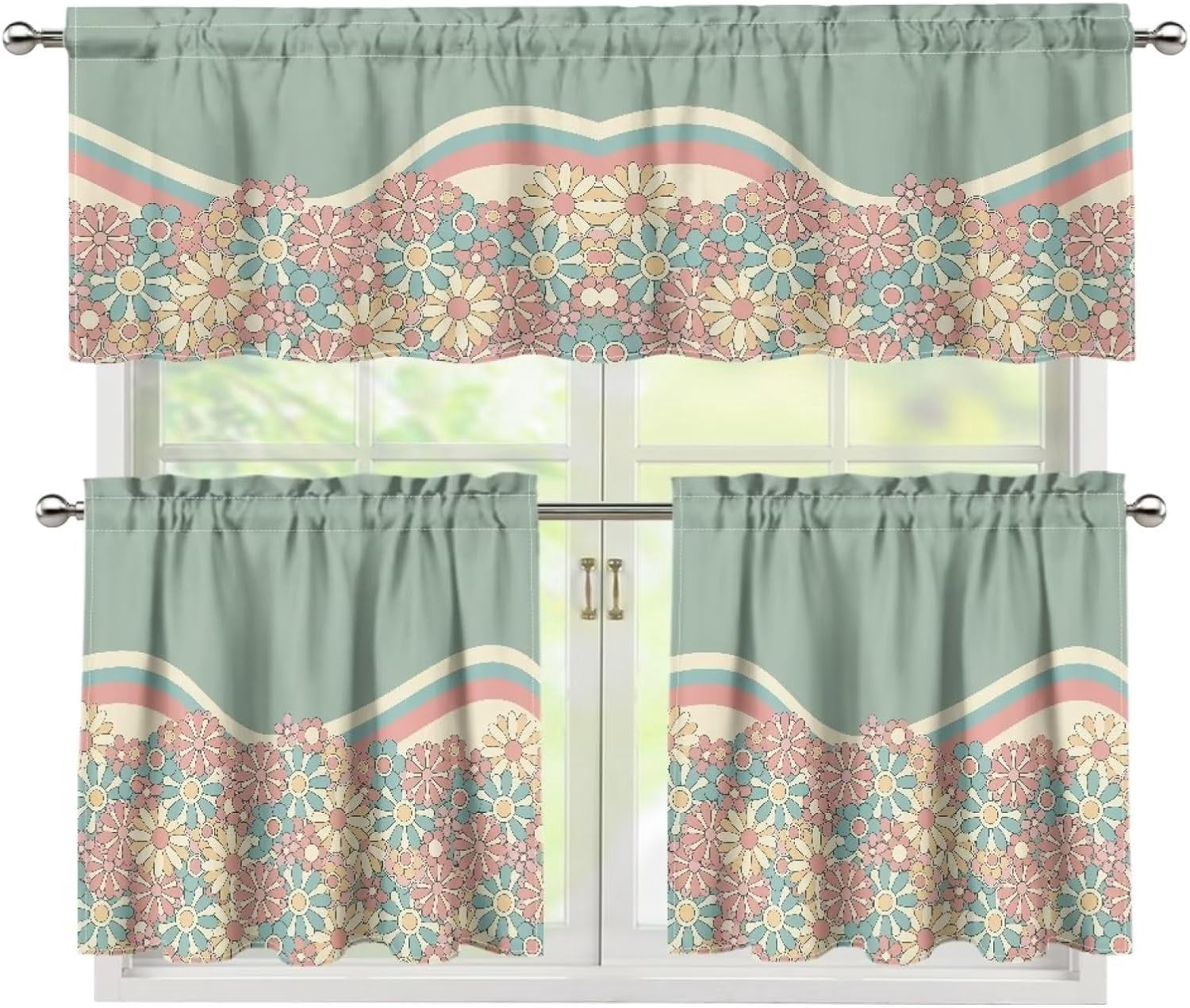 Sage Green Hippie Kitchen Curtains and Valances Set,3 Piece Small ...