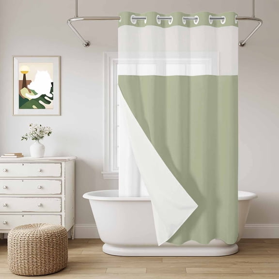 Sage Green No Hook Shower Curtain with Snap in Liner, Solid Color Waterproof Shower Curtains with See Through Top Window Liner for Bathroom, 36x78 Inches