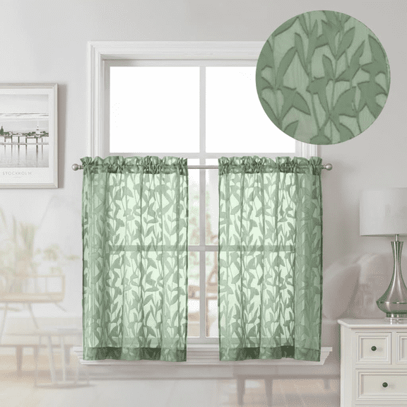Sage Green Jacquard Leaf Sheer Curtains, 36 Inch Length for Kitchen or Bathroom, 2-Panel Set with Double Rod Pocket for Living Room or Bedroom Windows, 38 Inches Wide per Panel
