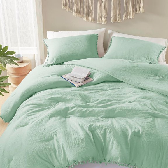 Sage Green King Comforter Set - Boho Chic Bedding with Elegant Pom Fringe, Soft Washed Microfiber 3pc Luxury Set, Lightweight & Breathable for Master Bedroom, 1 Comforter & 2 Pillow Shams