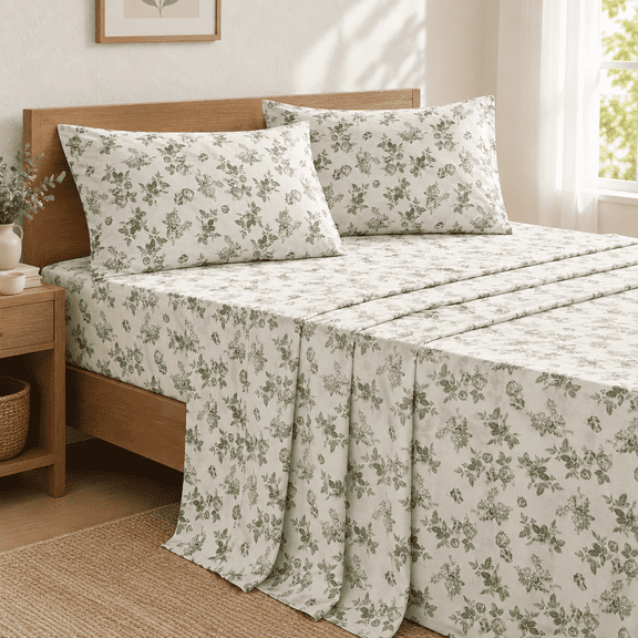 Sage Green King Size 4-Piece Botanical Printed Bedding Sheet Set