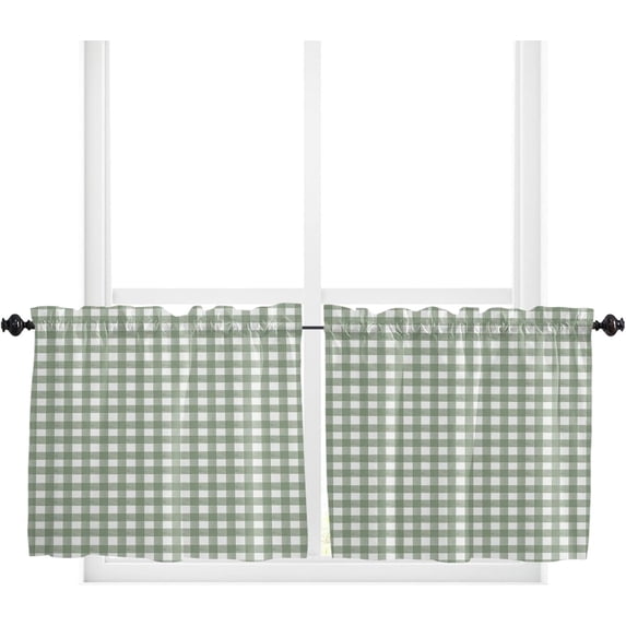 Sage Green Kitchen Curtain 2 Panels Tiers Curtains 24 Inch Length, Country French Rustic Buffalo Plaid Check Curtains Rod Pocket Curtains Window Drapes Treatment Window Cafe Curtains 55x24